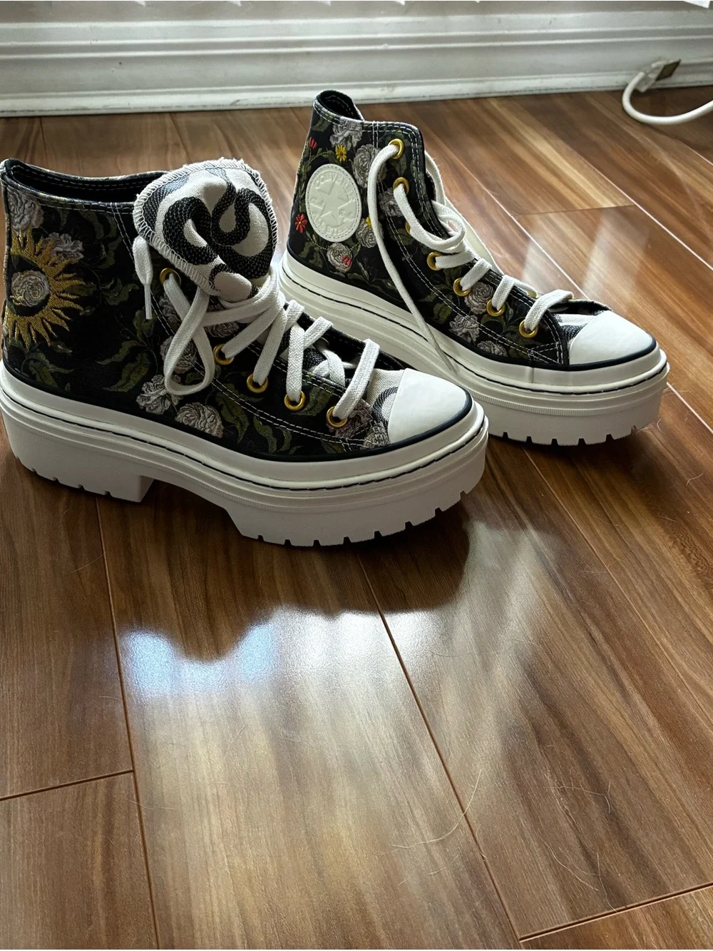 Converse Black Floral Platform Chuck Taylor High Tops with White Accents - Picture 3 of 4